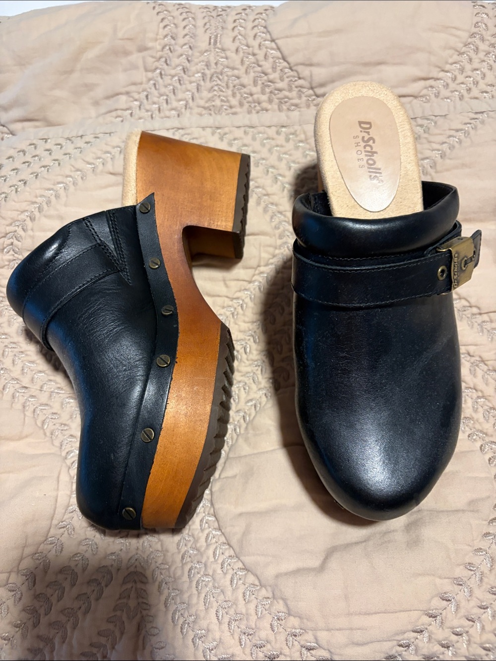 Dr. Scholl's Black Leather Clog Mules with Wood-Effect Platform